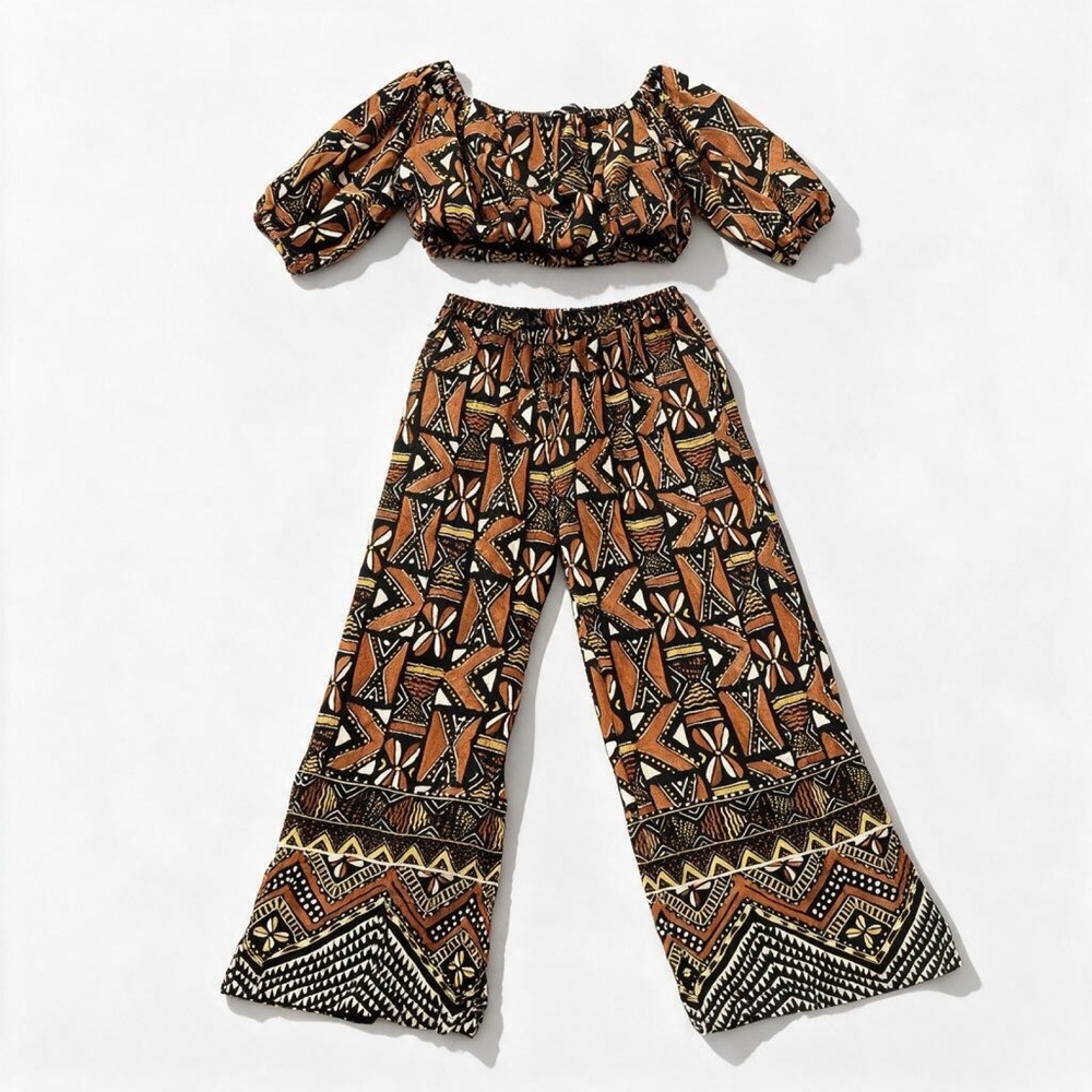 Zara Womens XS Geometric Print 2 Piece Set Crop Top Wide Leg Pants Boho